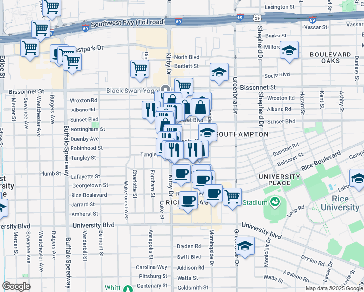 map of restaurants, bars, coffee shops, grocery stores, and more near 5706 Kirby Drive in Houston
