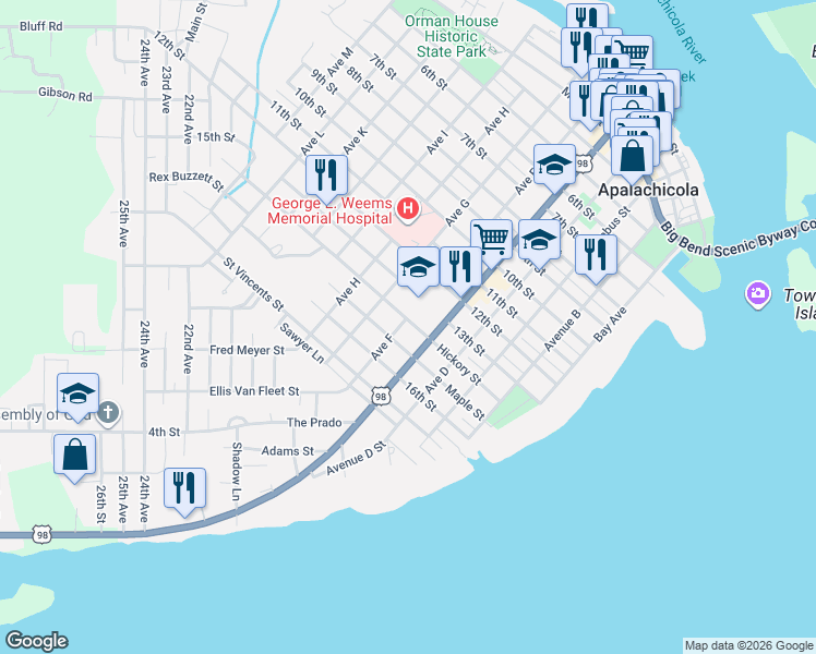 map of restaurants, bars, coffee shops, grocery stores, and more near in Apalachicola