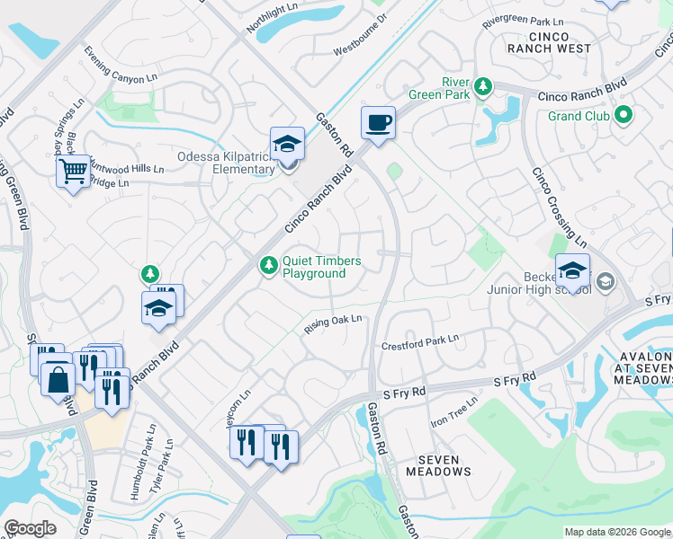 map of restaurants, bars, coffee shops, grocery stores, and more near 26310 Sundown Cove Lane in Katy