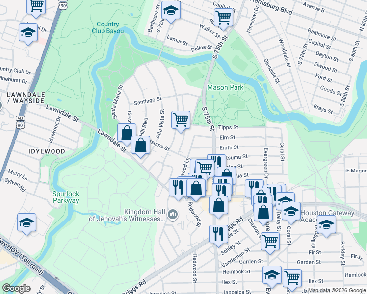 map of restaurants, bars, coffee shops, grocery stores, and more near 1952 Santa Rosa Street in Houston