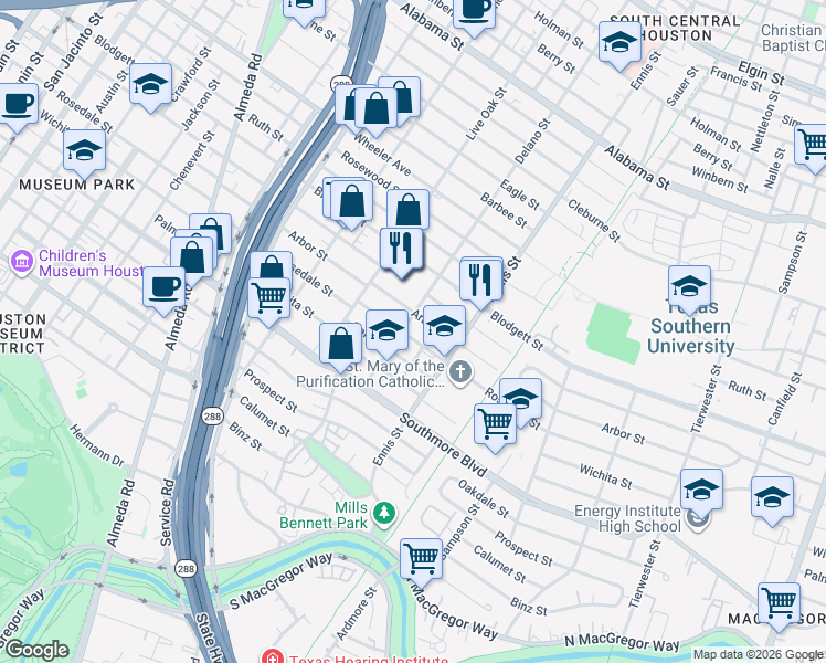 map of restaurants, bars, coffee shops, grocery stores, and more near 2807 Rosedale Street in Houston