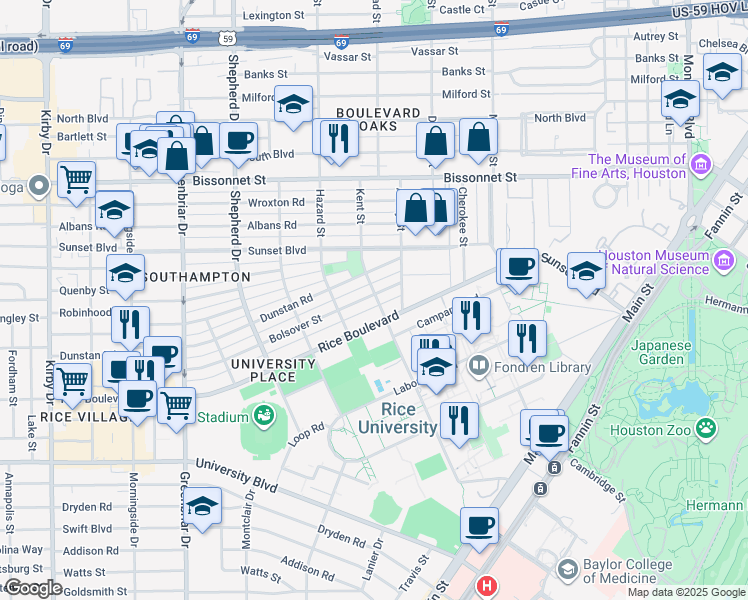 map of restaurants, bars, coffee shops, grocery stores, and more near 1901 Bolsover Street in Houston