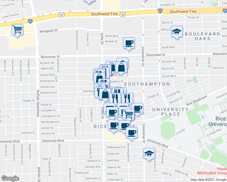 map of restaurants, bars, coffee shops, grocery stores, and more near 2434 Robinhood Street in Houston