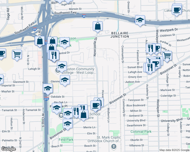 map of restaurants, bars, coffee shops, grocery stores, and more near 5454 Newcastle Street in Houston