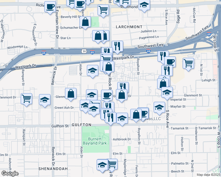 map of restaurants, bars, coffee shops, grocery stores, and more near in Houston