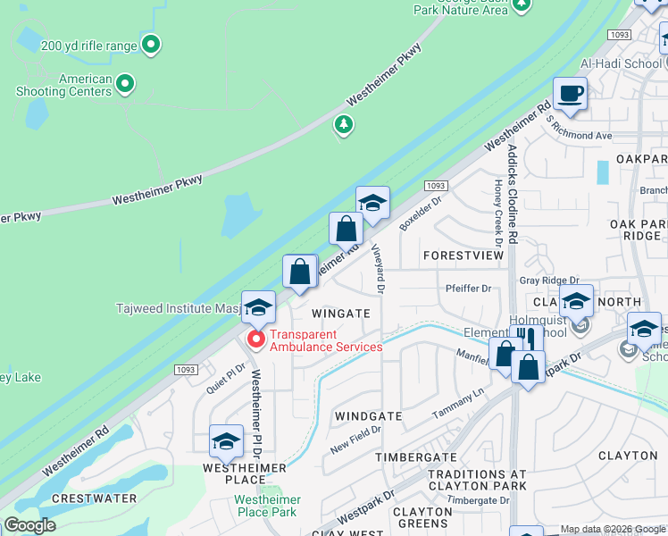 map of restaurants, bars, coffee shops, grocery stores, and more near 16043 Highlander Drive in Houston
