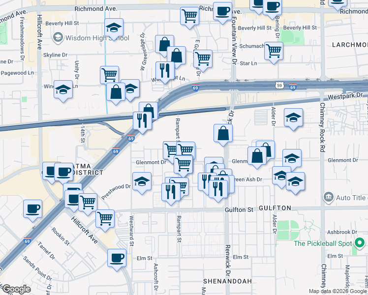 map of restaurants, bars, coffee shops, grocery stores, and more near 5605 Rampart Street in Houston