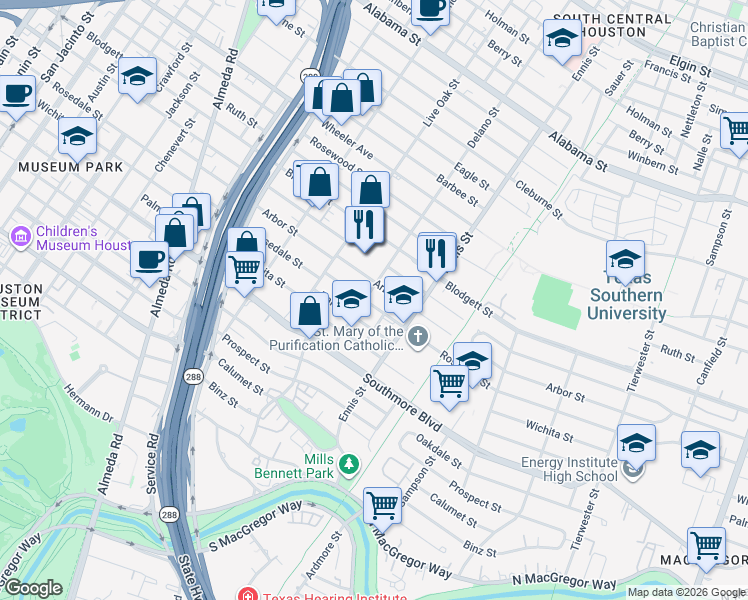 map of restaurants, bars, coffee shops, grocery stores, and more near 2807 Rosedale Street in Houston
