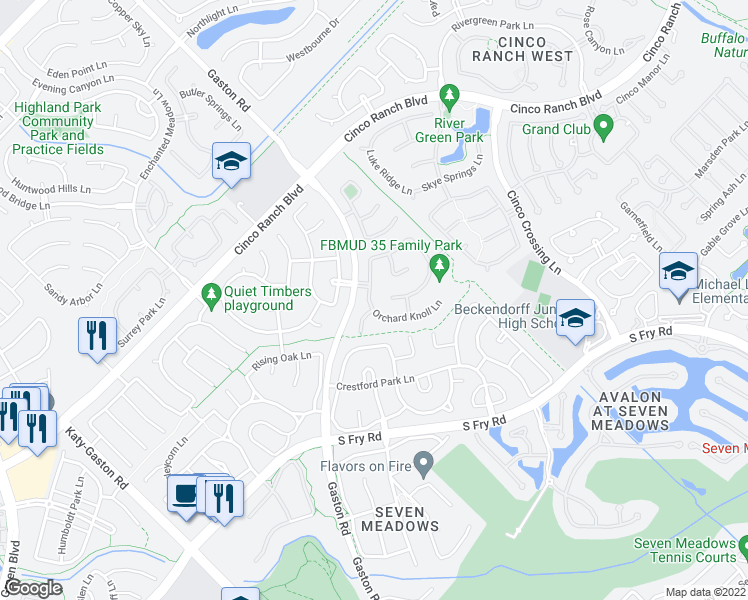 map of restaurants, bars, coffee shops, grocery stores, and more near 5115 Azalea Meadow Lane in Katy