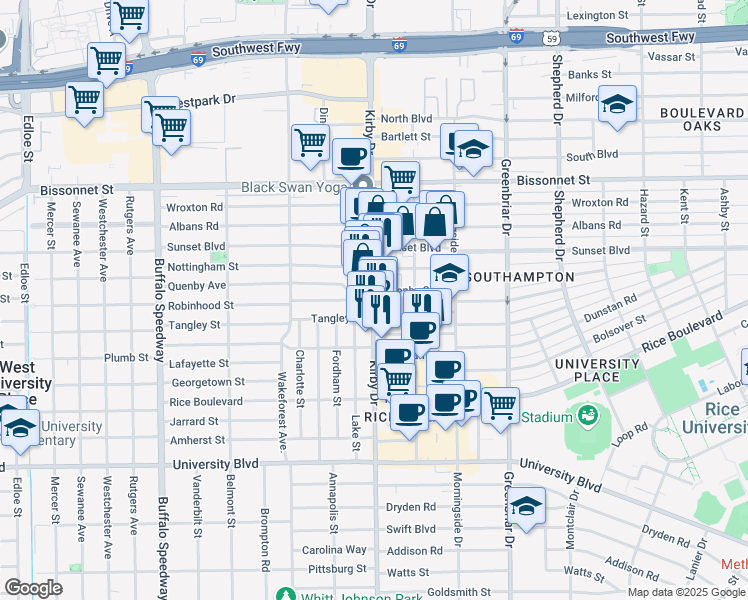 map of restaurants, bars, coffee shops, grocery stores, and more near Kirby Dr & Robinhood St in Houston