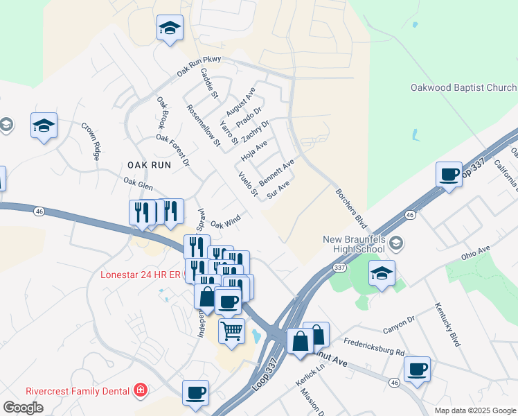 map of restaurants, bars, coffee shops, grocery stores, and more near 305 Vuelo Street in New Braunfels