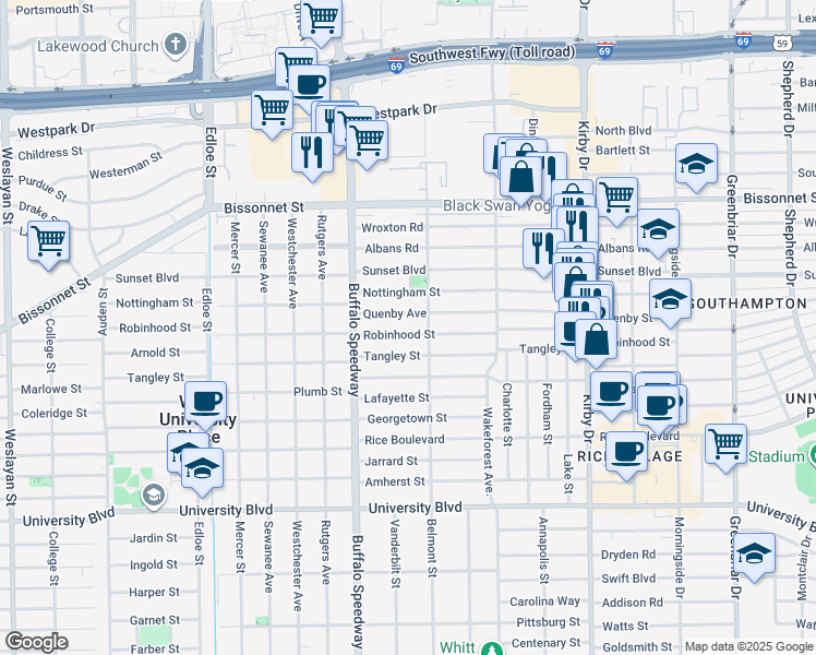 map of restaurants, bars, coffee shops, grocery stores, and more near 3018 Robinhood Street in Houston