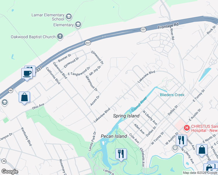 map of restaurants, bars, coffee shops, grocery stores, and more near 518 Acorn Drive in New Braunfels