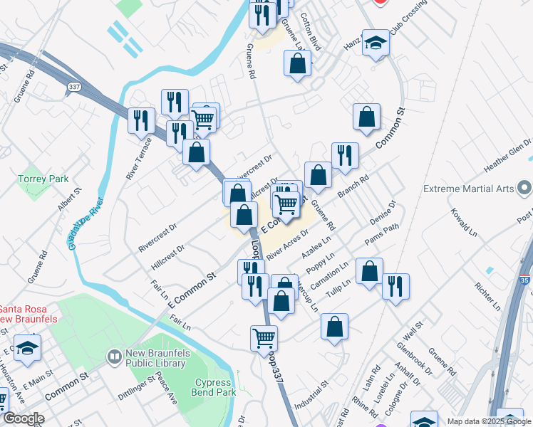 map of restaurants, bars, coffee shops, grocery stores, and more near 970 Texas 337 Loop in New Braunfels