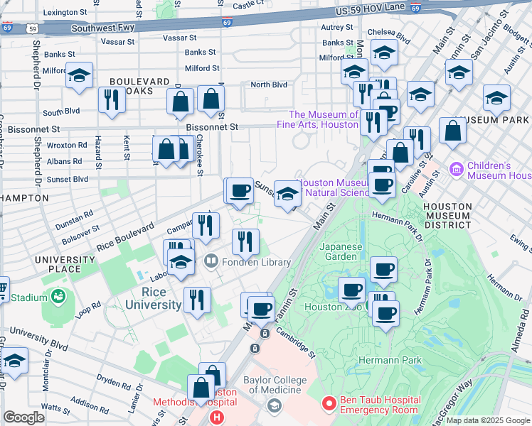 map of restaurants, bars, coffee shops, grocery stores, and more near 23 Sunset Boulevard in Houston