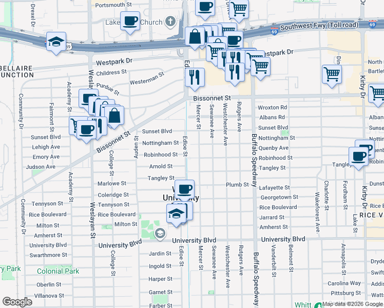 map of restaurants, bars, coffee shops, grocery stores, and more near 3614 Robinhood St in Houston