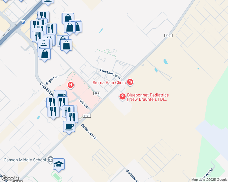 map of restaurants, bars, coffee shops, grocery stores, and more near 2440 FM 1044 in New Braunfels