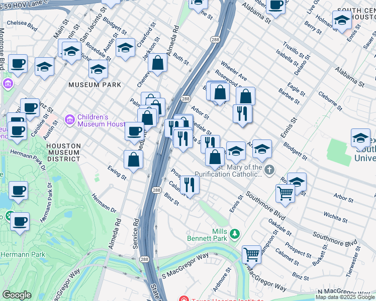 map of restaurants, bars, coffee shops, grocery stores, and more near 2415 Southmore Boulevard in Houston