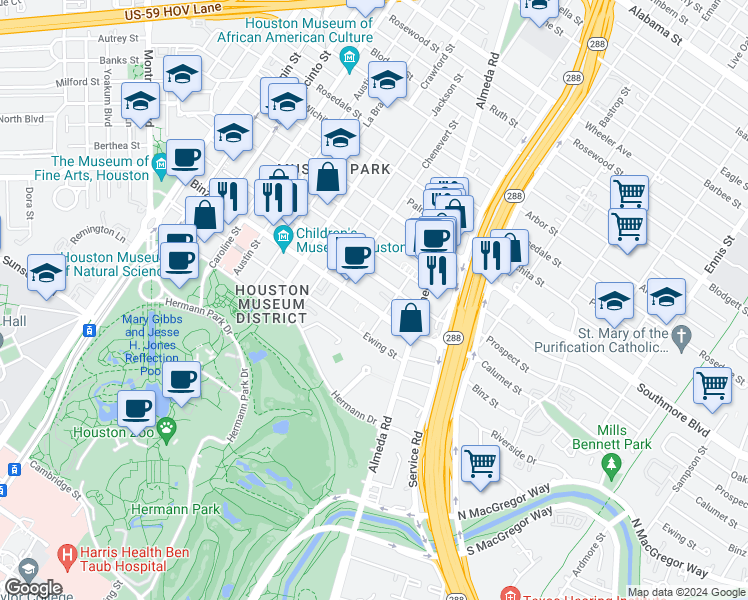 map of restaurants, bars, coffee shops, grocery stores, and more near 1820 Binz Street in Houston