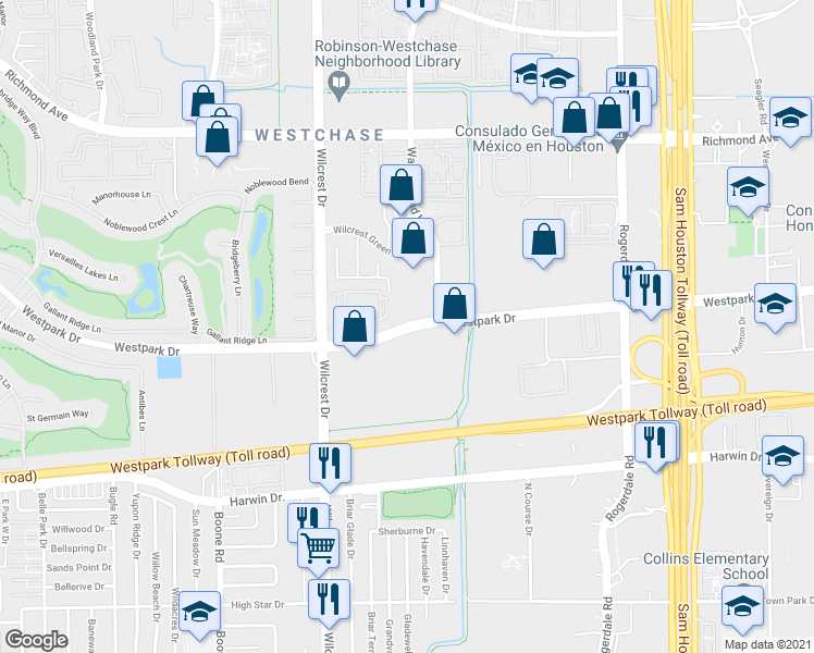 map of restaurants, bars, coffee shops, grocery stores, and more near 11212 Westpark Drive in Houston