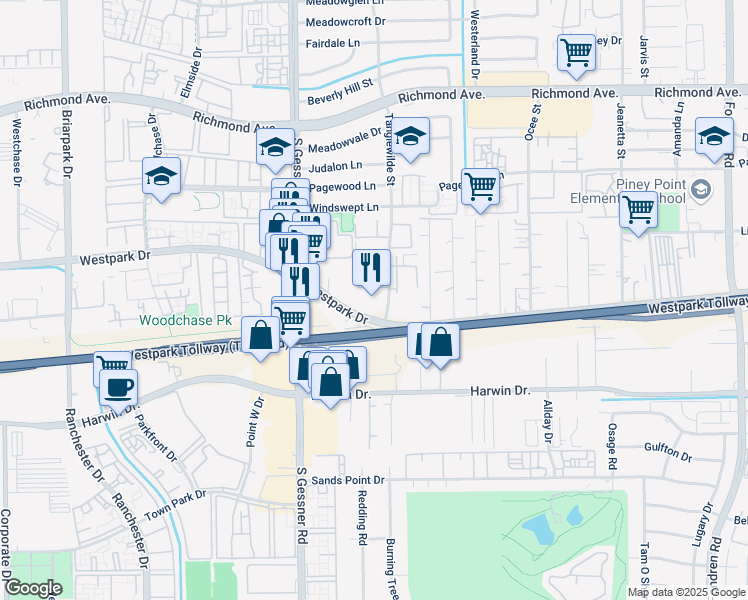 map of restaurants, bars, coffee shops, grocery stores, and more near 9920 Westpark Drive in Houston