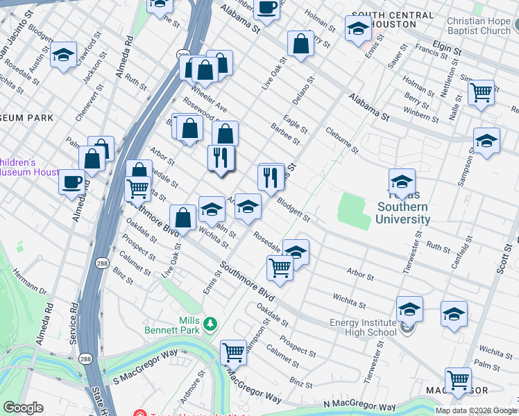 map of restaurants, bars, coffee shops, grocery stores, and more near in Houston