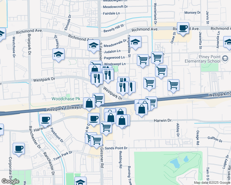 map of restaurants, bars, coffee shops, grocery stores, and more near 9920 Westpark Drive in Houston