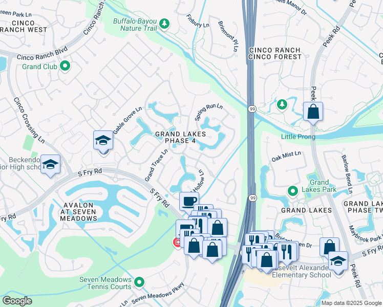 map of restaurants, bars, coffee shops, grocery stores, and more near 7011 Smokey Brook Lane in Katy