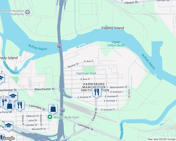 map of restaurants, bars, coffee shops, grocery stores, and more near 9311 East Avenue P in Houston