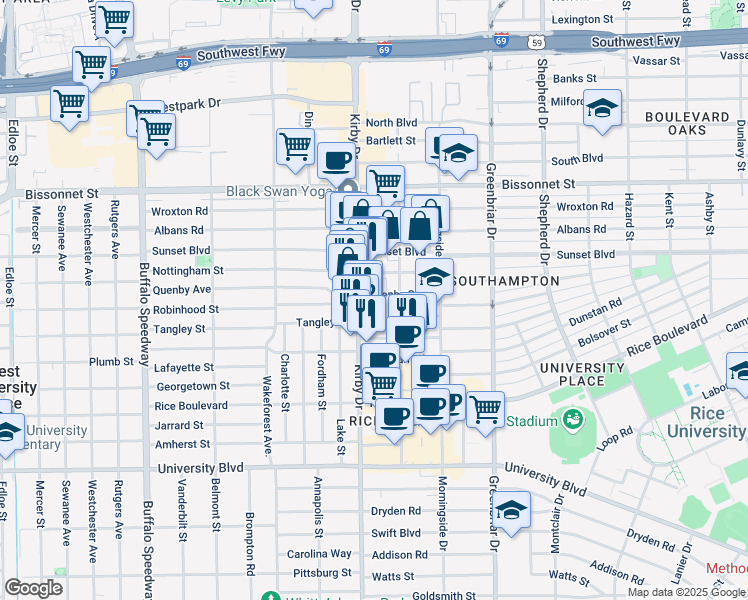 map of restaurants, bars, coffee shops, grocery stores, and more near 5706 Kirby Drive in Houston