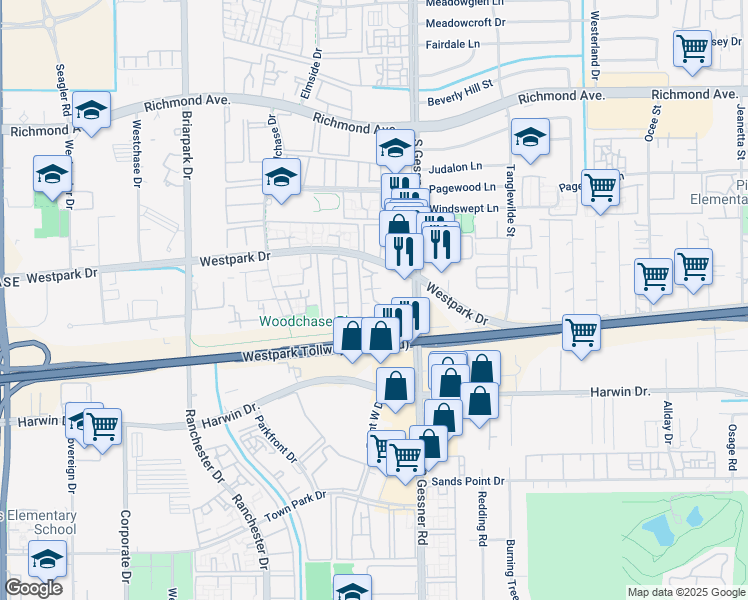 map of restaurants, bars, coffee shops, grocery stores, and more near 10006 Westpark Drive in Houston
