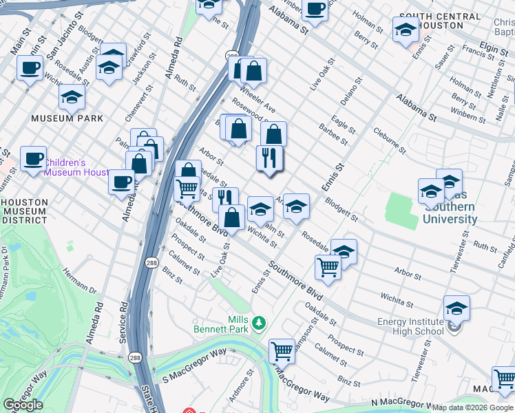 map of restaurants, bars, coffee shops, grocery stores, and more near 2631 Palm Street in Houston