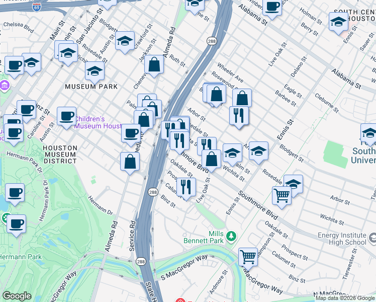 map of restaurants, bars, coffee shops, grocery stores, and more near 2415 Southmore Boulevard in Houston
