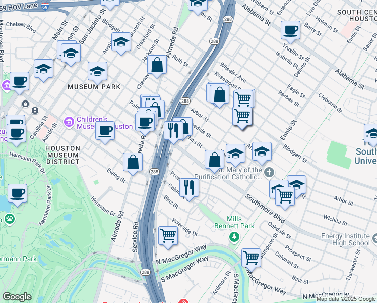 map of restaurants, bars, coffee shops, grocery stores, and more near 2415 Southmore Boulevard in Houston