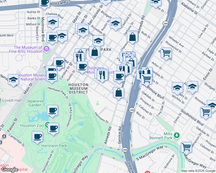 map of restaurants, bars, coffee shops, grocery stores, and more near 1820 Binz Street in Houston