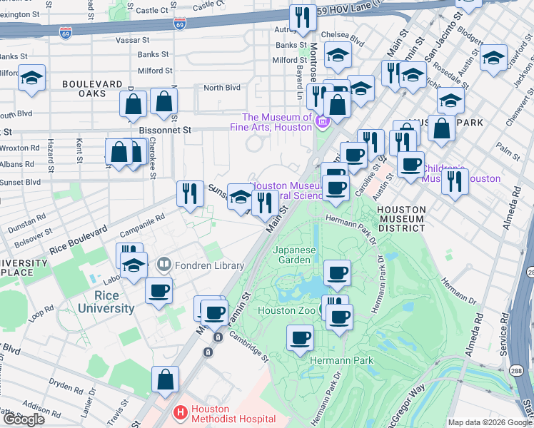 map of restaurants, bars, coffee shops, grocery stores, and more near in Houston