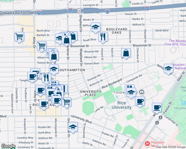 map of restaurants, bars, coffee shops, grocery stores, and more near 2122 Dunstan Road in Houston