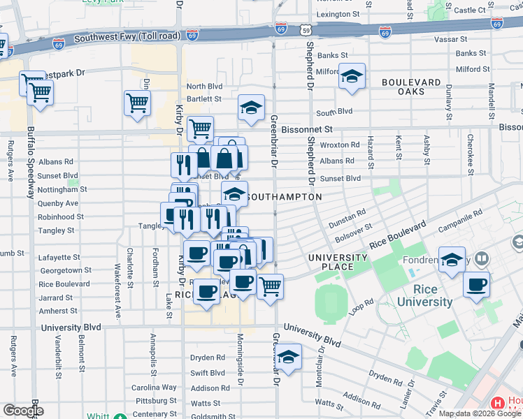 map of restaurants, bars, coffee shops, grocery stores, and more near 2315 Robinhood Street in Houston