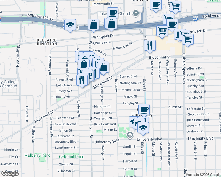 map of restaurants, bars, coffee shops, grocery stores, and more near 3824 Browning Street in Houston