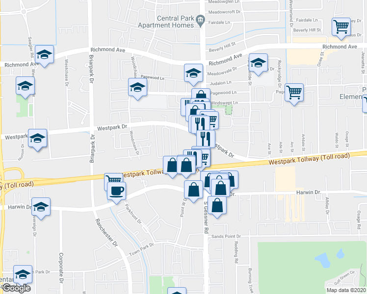map of restaurants, bars, coffee shops, grocery stores, and more near 10001 Westpark Drive in Houston