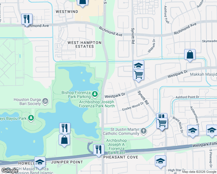 map of restaurants, bars, coffee shops, grocery stores, and more near 13415 Cricket Wood Circle in Houston