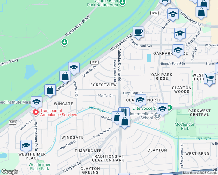 map of restaurants, bars, coffee shops, grocery stores, and more near 15803 Wingdale Drive in Houston