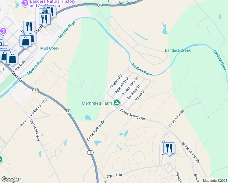 map of restaurants, bars, coffee shops, grocery stores, and more near 143 Spanish Trail in Bandera