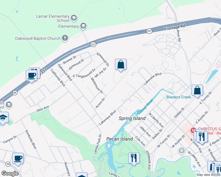 map of restaurants, bars, coffee shops, grocery stores, and more near 518 Acorn Drive in New Braunfels