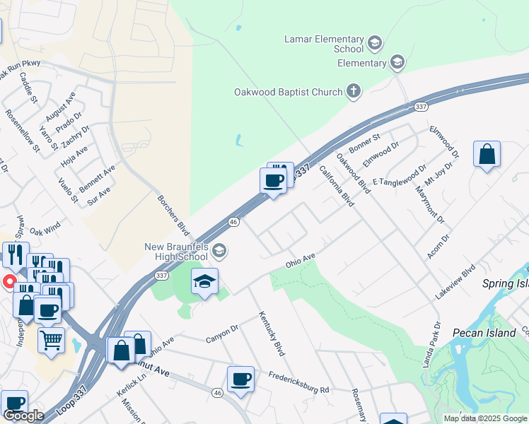 map of restaurants, bars, coffee shops, grocery stores, and more near 2457 Texas 337 Loop in New Braunfels