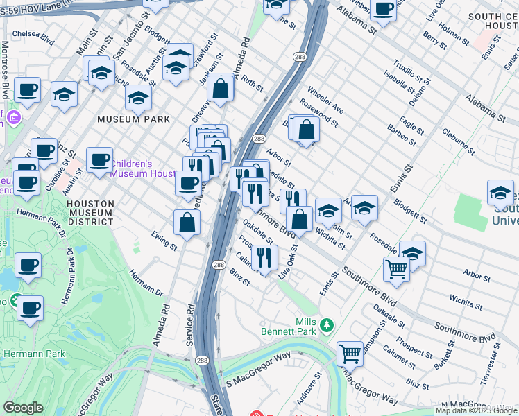 map of restaurants, bars, coffee shops, grocery stores, and more near 2317 Oakdale Street in Houston