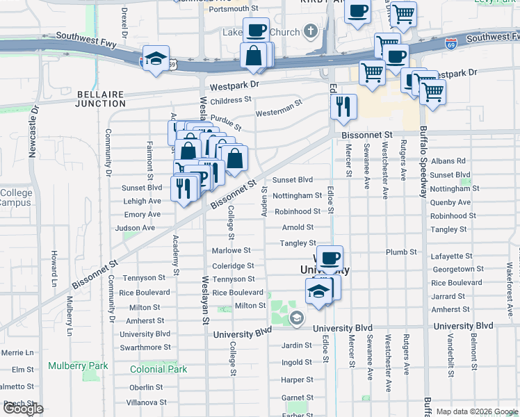 map of restaurants, bars, coffee shops, grocery stores, and more near 3785 Robinhood Street in Houston
