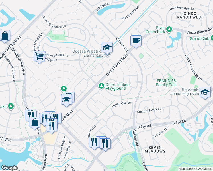 map of restaurants, bars, coffee shops, grocery stores, and more near 5006 Shadow Breeze Lane in Katy
