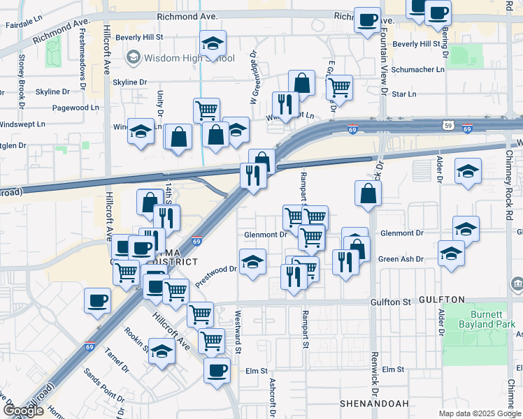 map of restaurants, bars, coffee shops, grocery stores, and more near 5636 Rampart Street in Houston