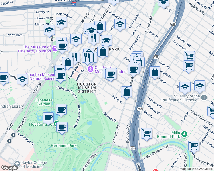 map of restaurants, bars, coffee shops, grocery stores, and more near 5600 Chenevert Street in Houston